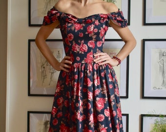 Laura Ashley Dress, Off the Shoulder, Vintage 80'/90's,  Black with Red Rose and Jewel Print - Size 34/36