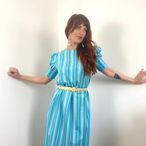 Vintage 80s Vertical Striped Dress in Shades of Blue & Purple