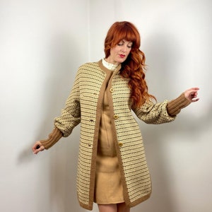 Vintage Grobstrick Ballon Ärmel Lange Strickjacke