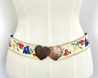 Vintage Alpine Eidelweiss Fabric Embroidered Heart Belt