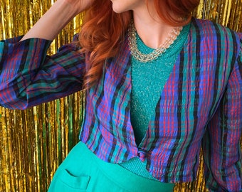 Blue Plaid Cropped Blazer Blouse