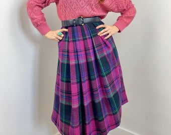 Vintage 80s Plaid Pleated Midi Skirt