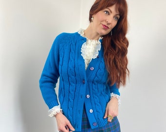 Vintage Deastock Helen Sue Bright Blue Cableknit Sweater Cardigan