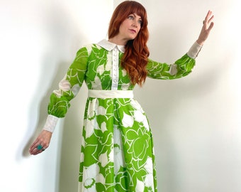 Maxi abito floreale verde vintage anni '60 e '70