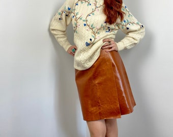 Vintage deadstock 70s Leather A-Line Wrap Skirt in Cognac