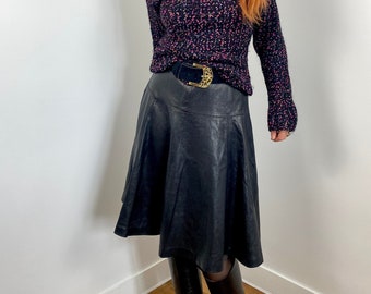80s Vintage Black Leather Circle Skirt