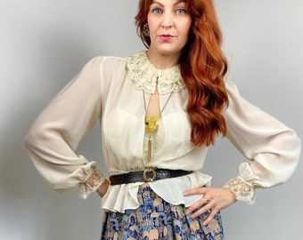 Vintage Lace & Ruffle Open Front Blouse