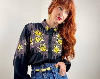 Vintage 80s Satin Floral Embroidery Blouse