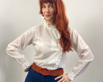 Vintage Ruffle Collar and Front Lurex Metallic Check Blouse