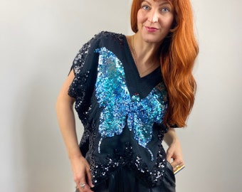 Top in camicetta con paillettes a farfalla vintage anni '70 e '80