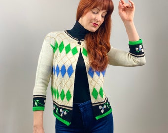 Vintage Argyle and Flower Cardigan Sweater