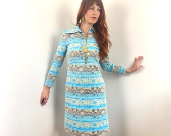Vestido trapecio de punto jersey a rayas vintage de los años 70