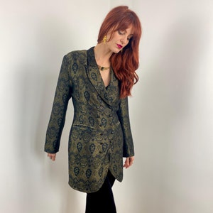 Vintage 1980s Gold & Black Brocade Long Length Blazer