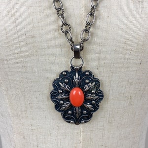 Vintage 1970s Silver Metal & Coral Pendant Necklace