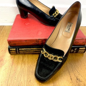 CELINE Vintage Burgundy Leather and Gold Link Chain Heels