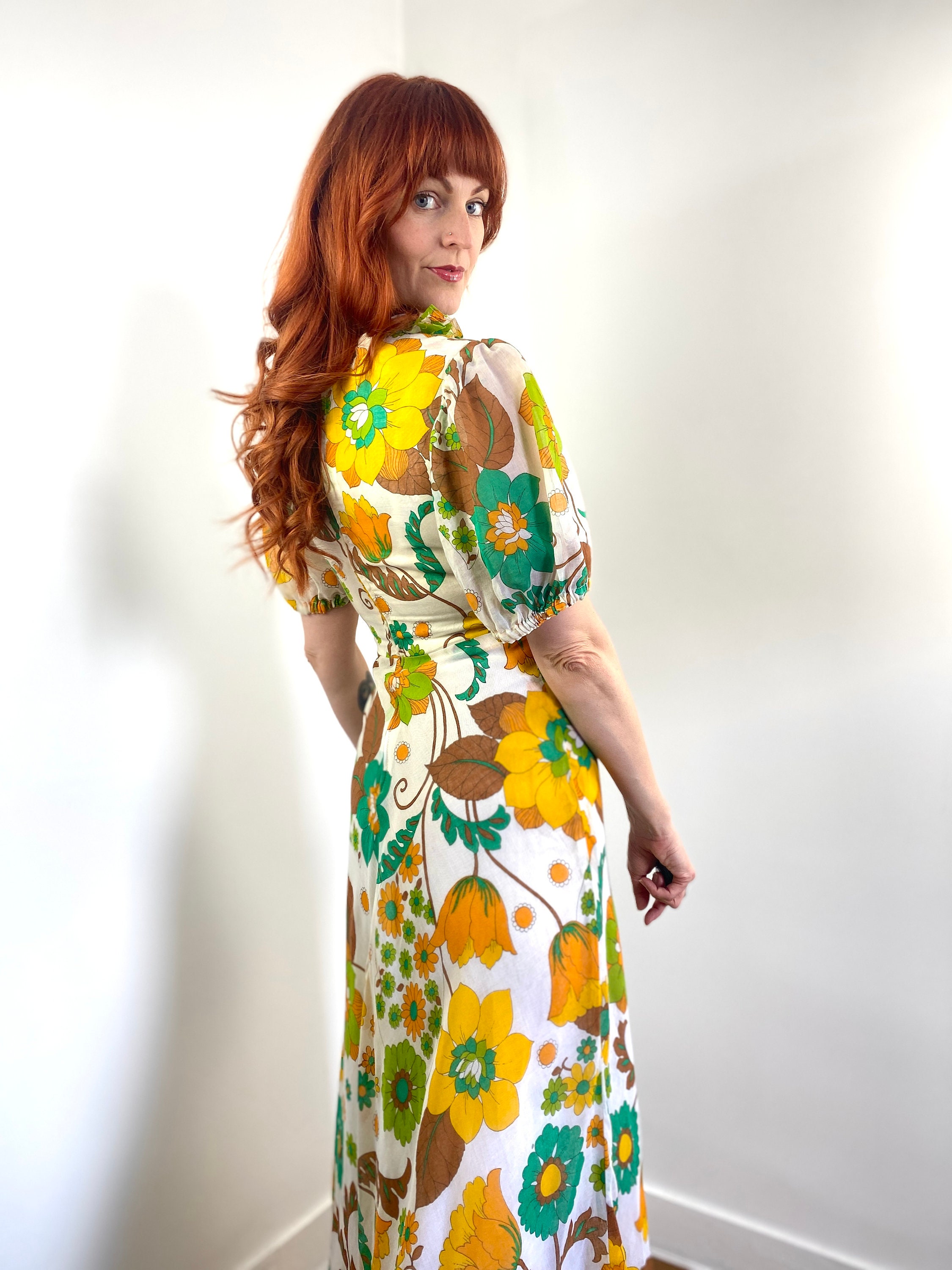 Vintage 60s 70s Red Floral Print Maxi Dress 12 main image 1