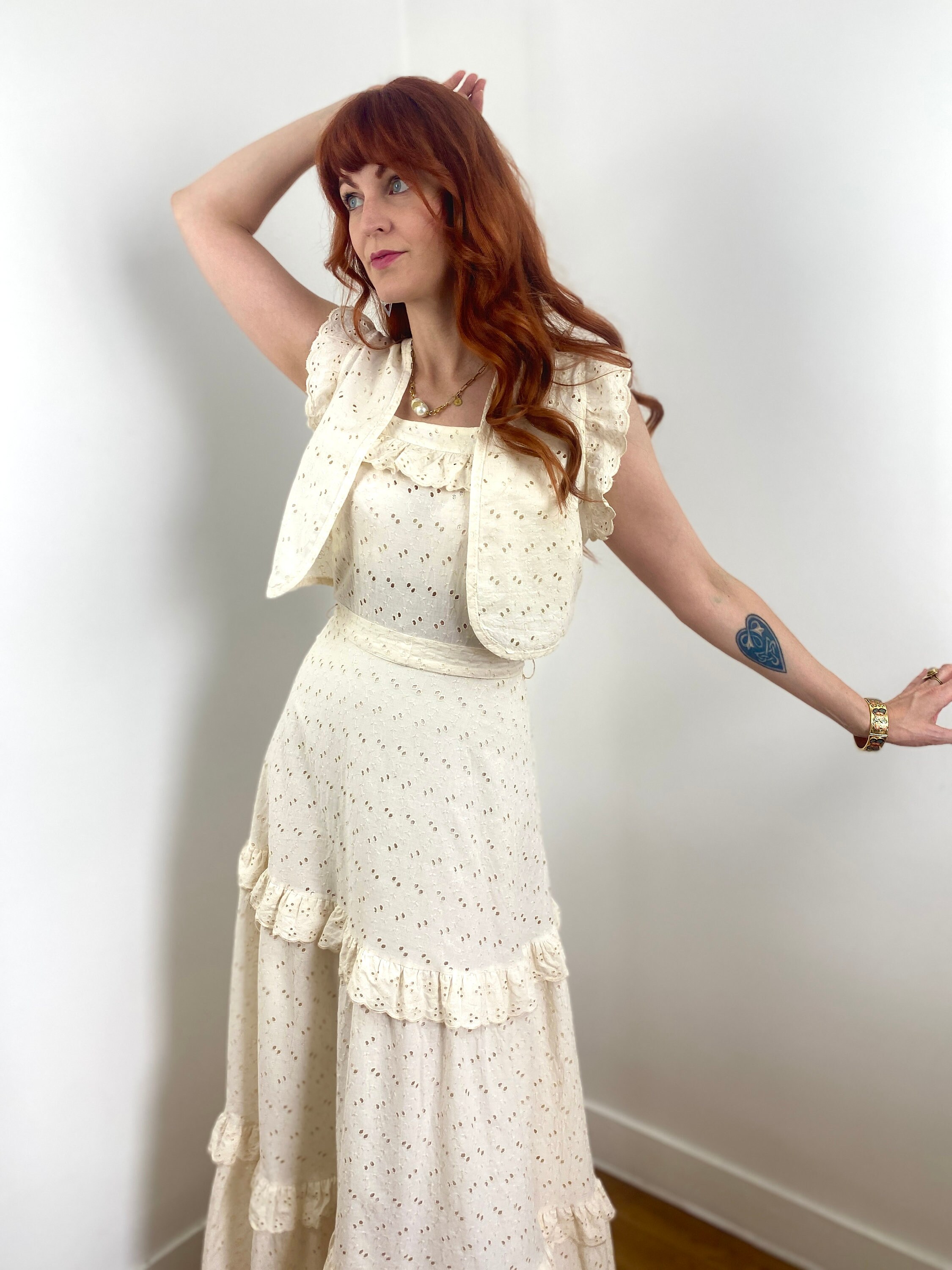 ワンピース VINTAGE LACE DRESS &JACKETLIKEV NECKTOP 1970s Gypsy Style Semi Sheer Lace Dress (Fits S
