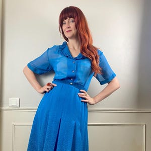 Vestido vintage de los años 80 con estampado de lunares azules de los años 40