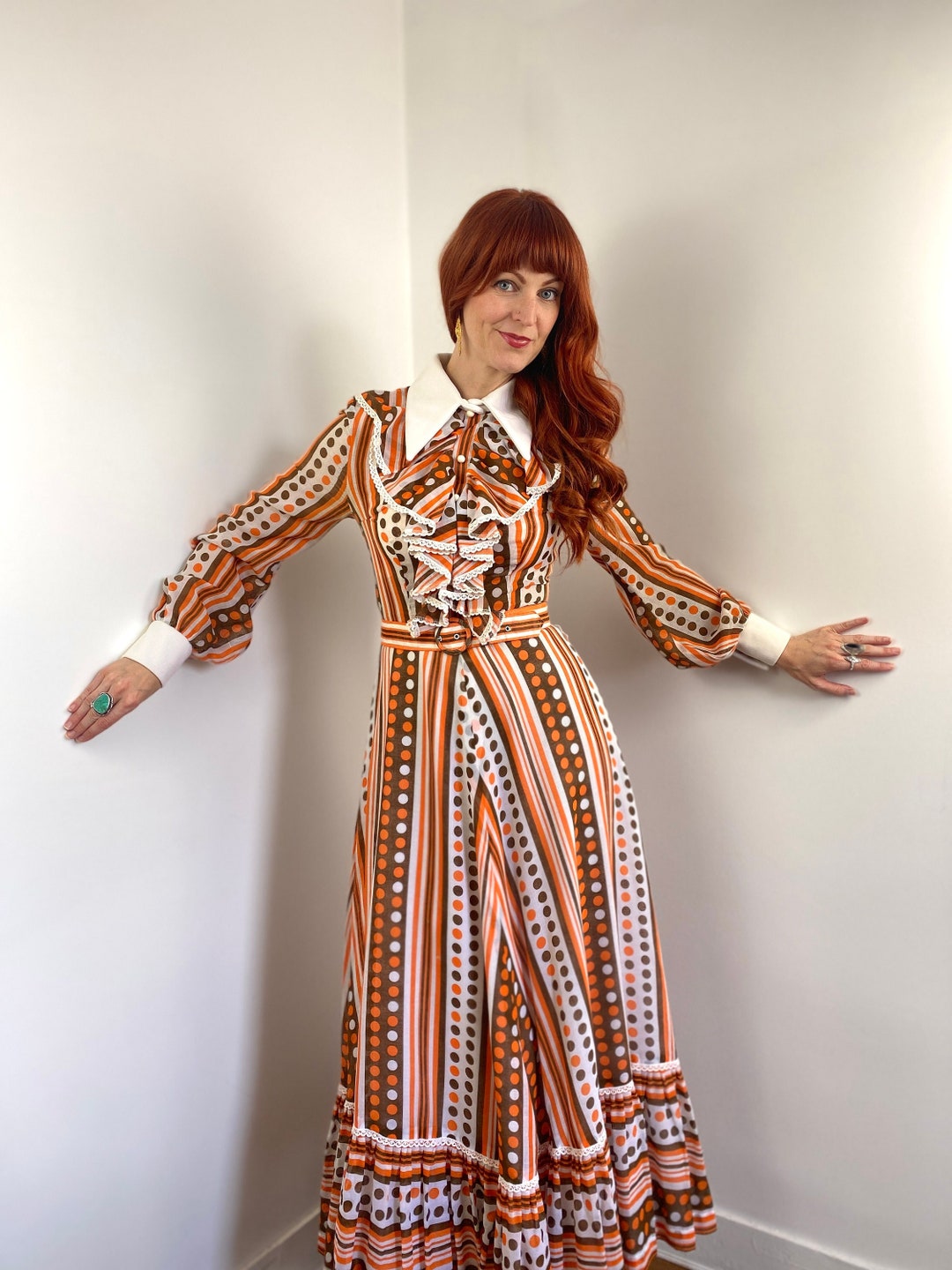 Vintage 60s 70s Ruffle Collar Maxi Dress - Etsy