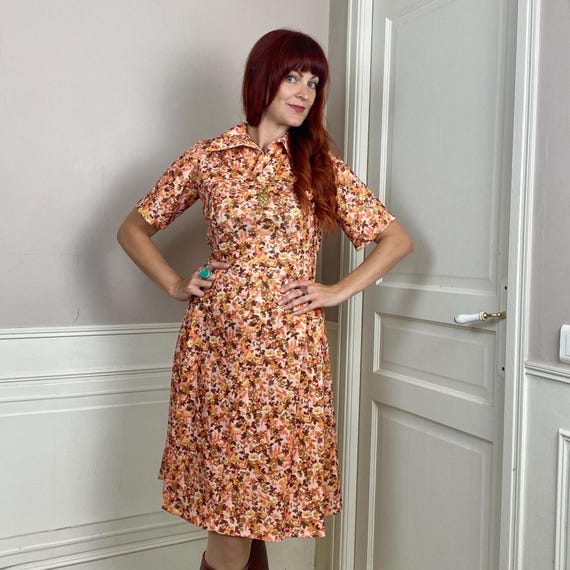 Vintage 1960s Floral Print Drop Waist Pleated Midi Dress Vintage 1960s Floral Print Drop Waist Pleated Midi Dress