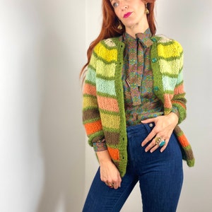 Vintage Hand Knit Striped Rainbow Cardigan Sweater image 2
