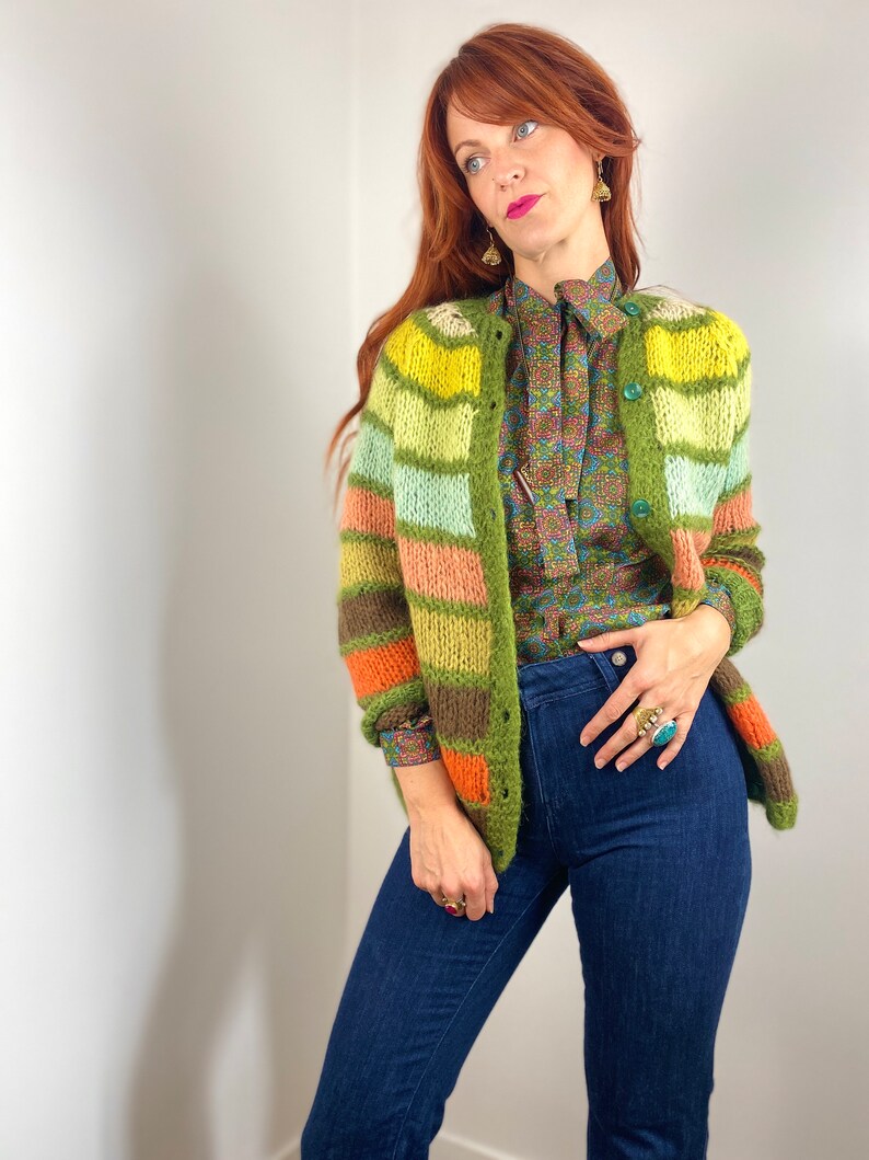 Vintage Hand Knit Striped Rainbow Cardigan Sweater image 2