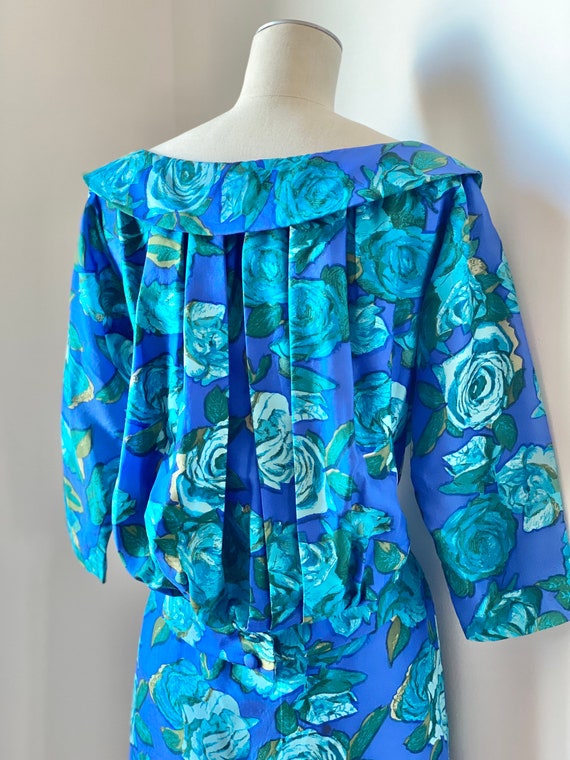 50s Rose Print Silk Dress - image 5
