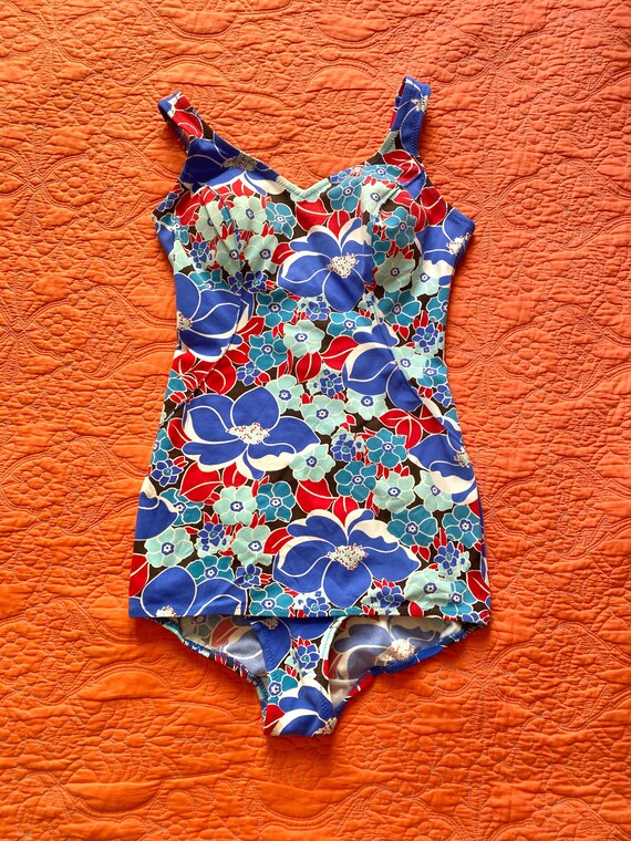Vintage 1960s One Piece Floral Print Bathing Suit With Attached 