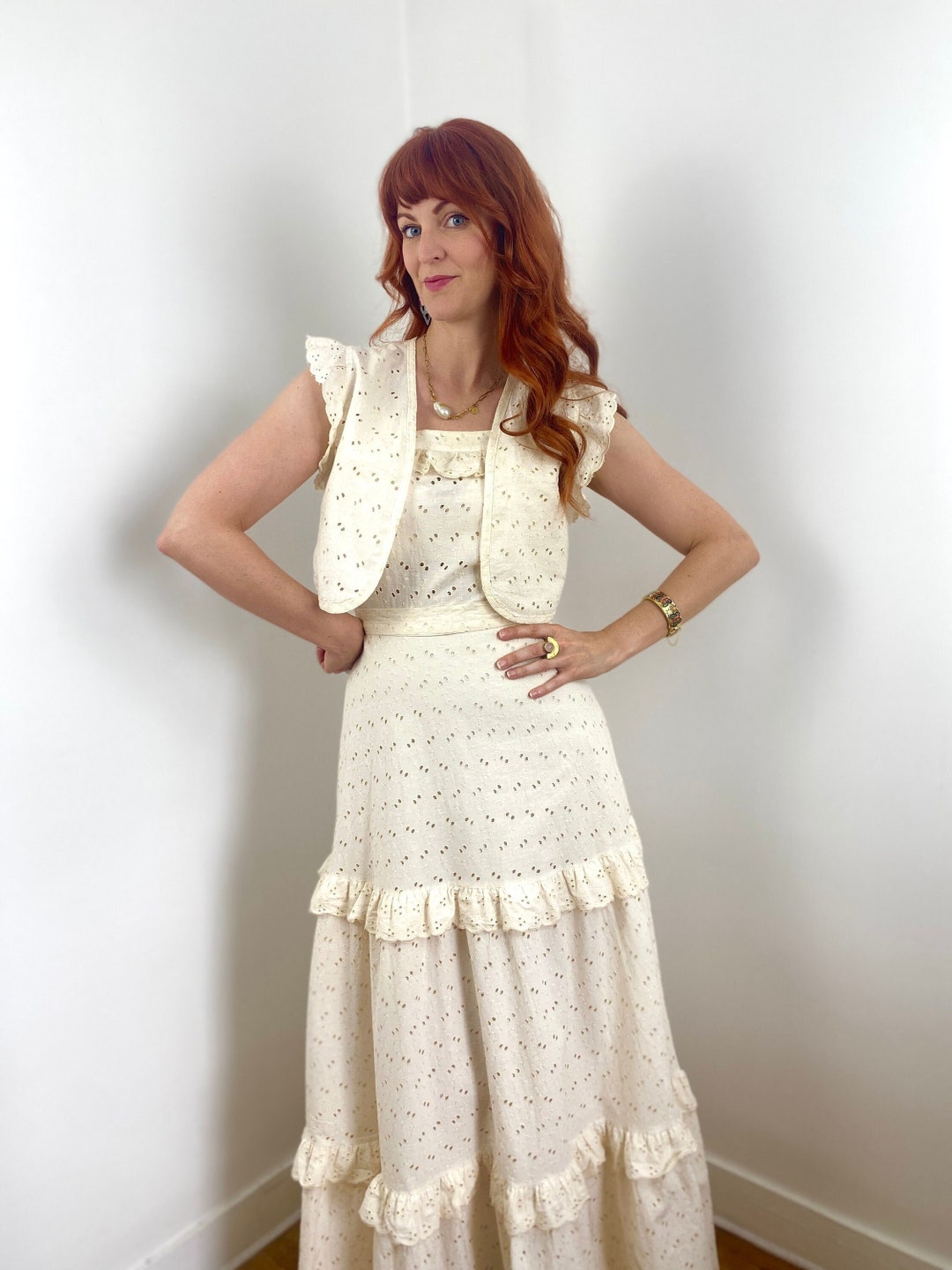 ワンピース 70s striped multiple buttons maxi dress 1970s Brown White Flocked Striped Dot Lace Trim Maxi Dress