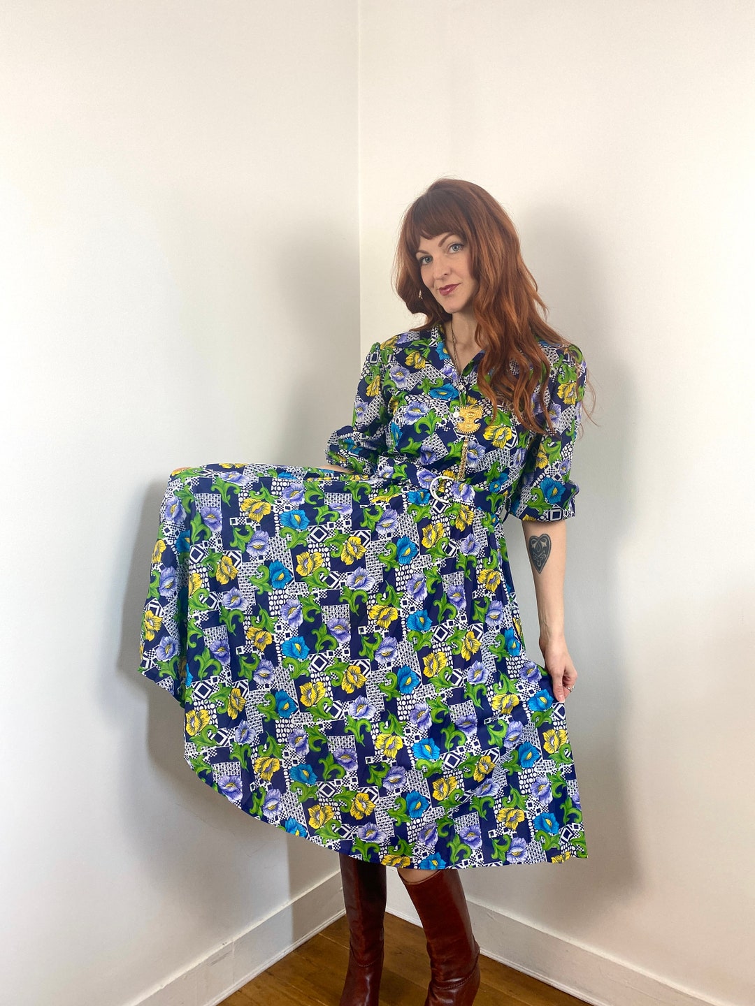 Vintage 80s Floral Midi Dress - Etsy