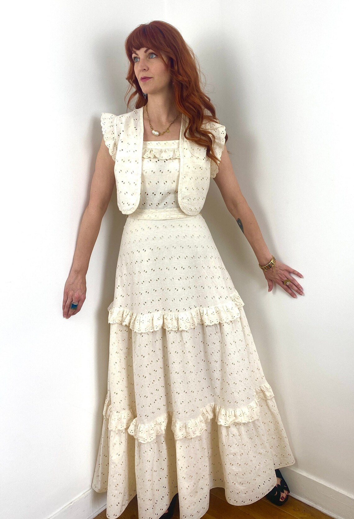 70's Lace Flower Dress Barrie London | Eyelet Lace Bell Sleeve Maxi