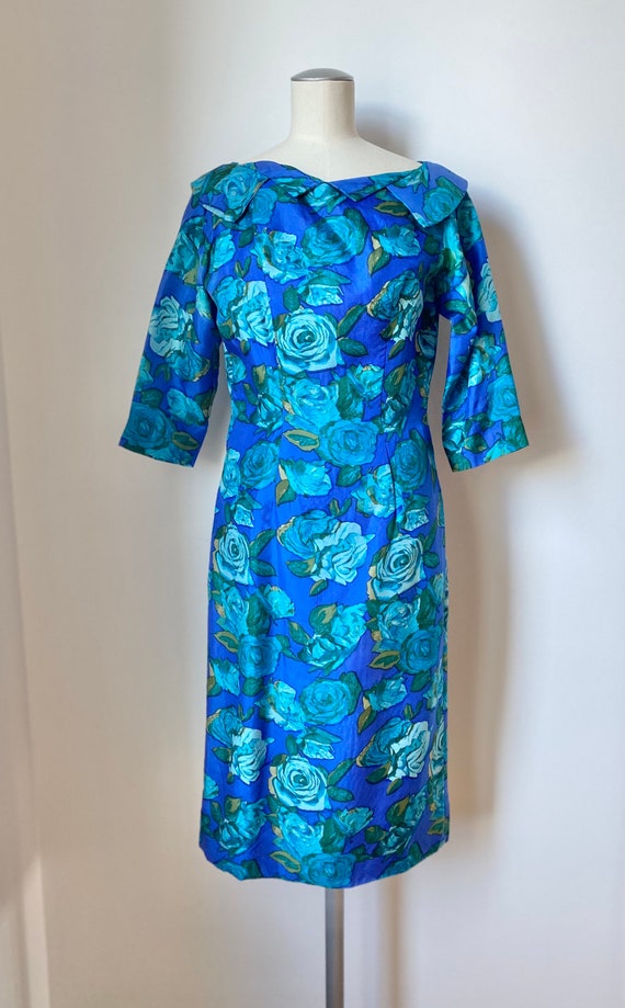 50s Rose Print Silk Dress - image 2