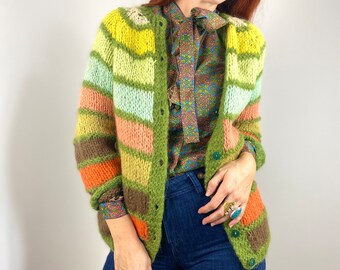 Vintage Hand Knit Striped Rainbow Cardigan Sweater