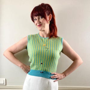 Vintage Mid Century Hand Knit Flower & Lady Bug Striped Sweater