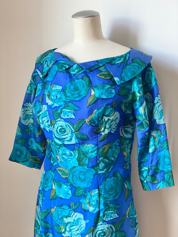 50s Rose Print Silk Dress - image 3