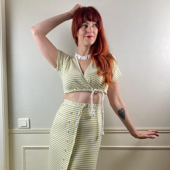 Vintage 1970s Cotton Crop Top Long Length Skirt Oufit Set