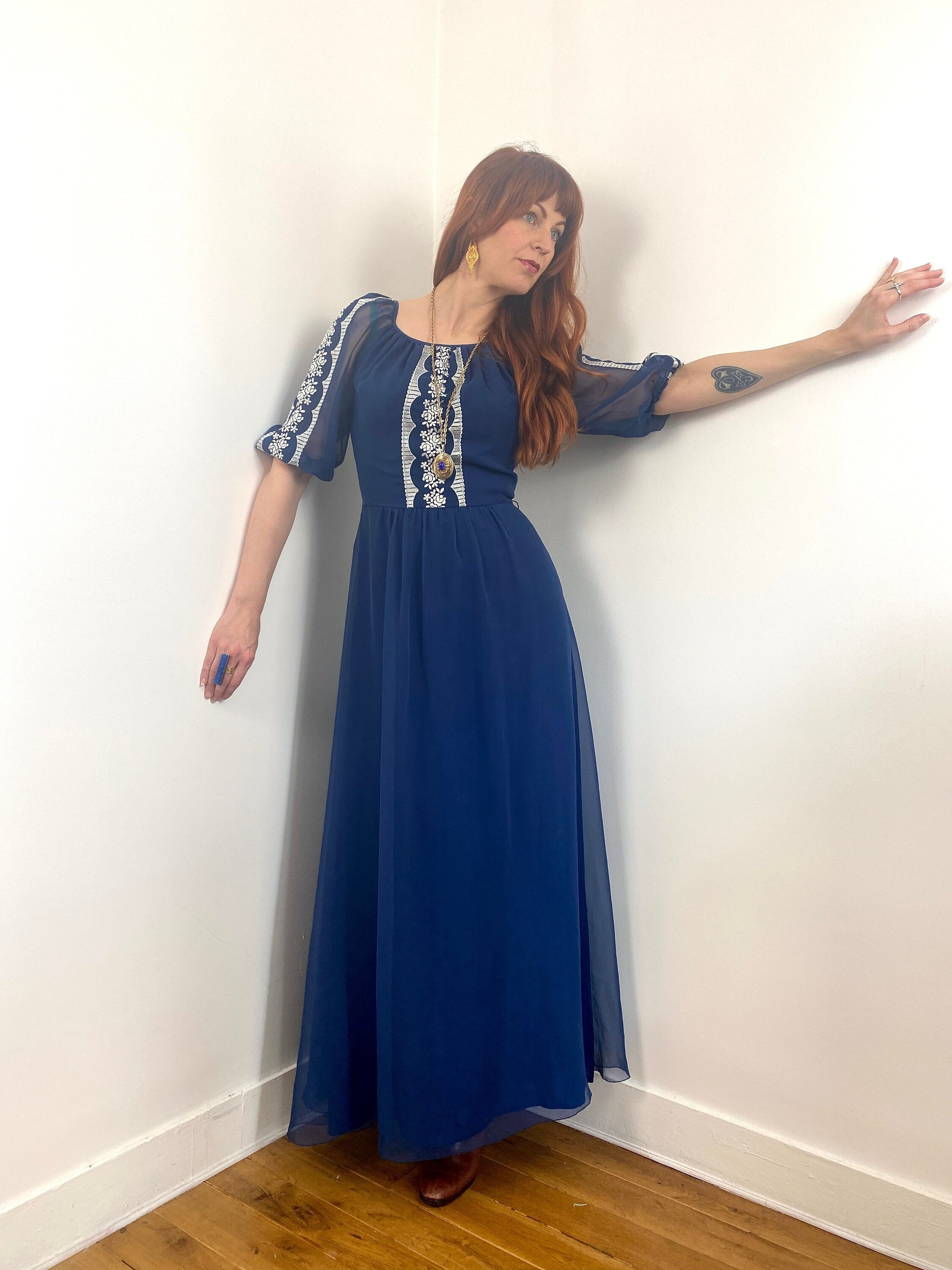 Vintage 70s Embroidered Sheer Maxi Dress - Etsy