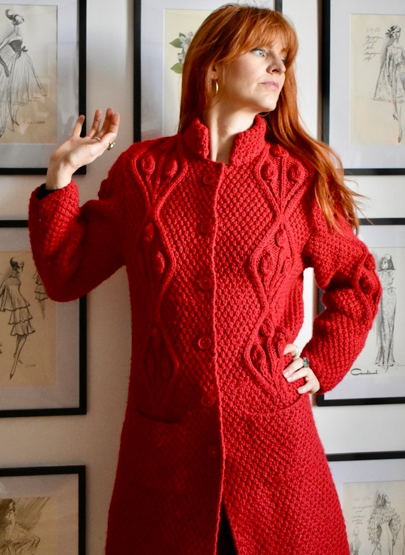 Vintage Red Sweater Coat Cardigan - Handmade