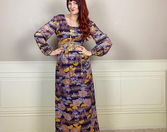 Abito lungo vintage anni '70 in lurex a righe e stampa floreale
