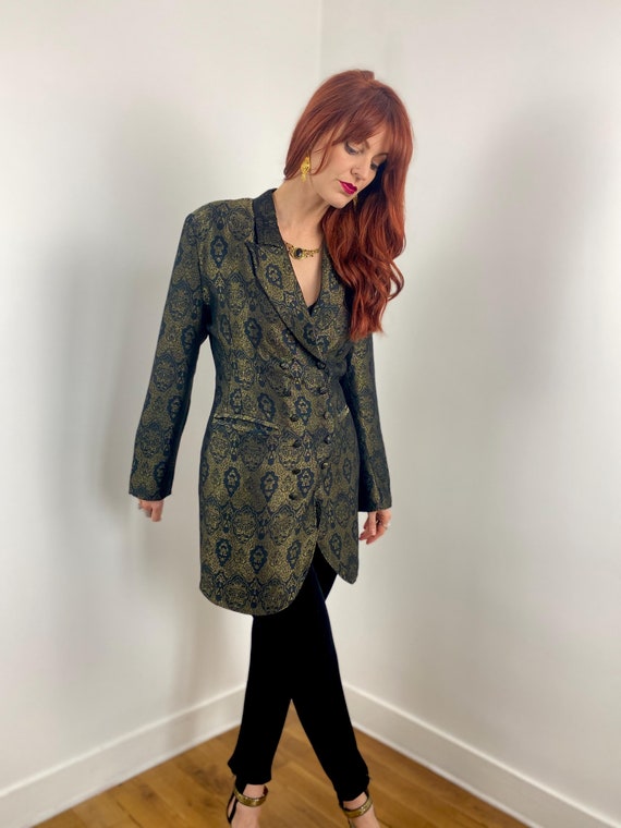 Vintage 1980s Gold & Black Brocade Long Length Blazer