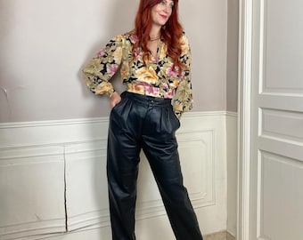 Vintage 1980s Pleated Straight Leg Black Leather Pants Trousers