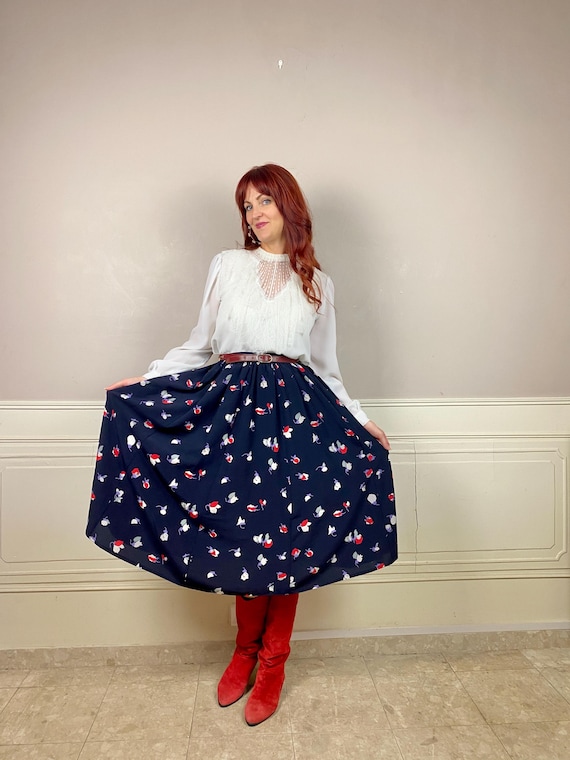 Cacharel, Vintage 80s Cacharel Paris Skirt, Navy Blue Abstract Floral Midi, Made in France