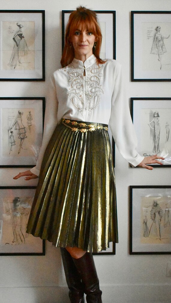 Metallic Olive Gold Vintage Pleated Skirt