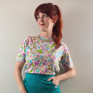 Mid Century Vintage Floral Print Lightweight Sweater Top
