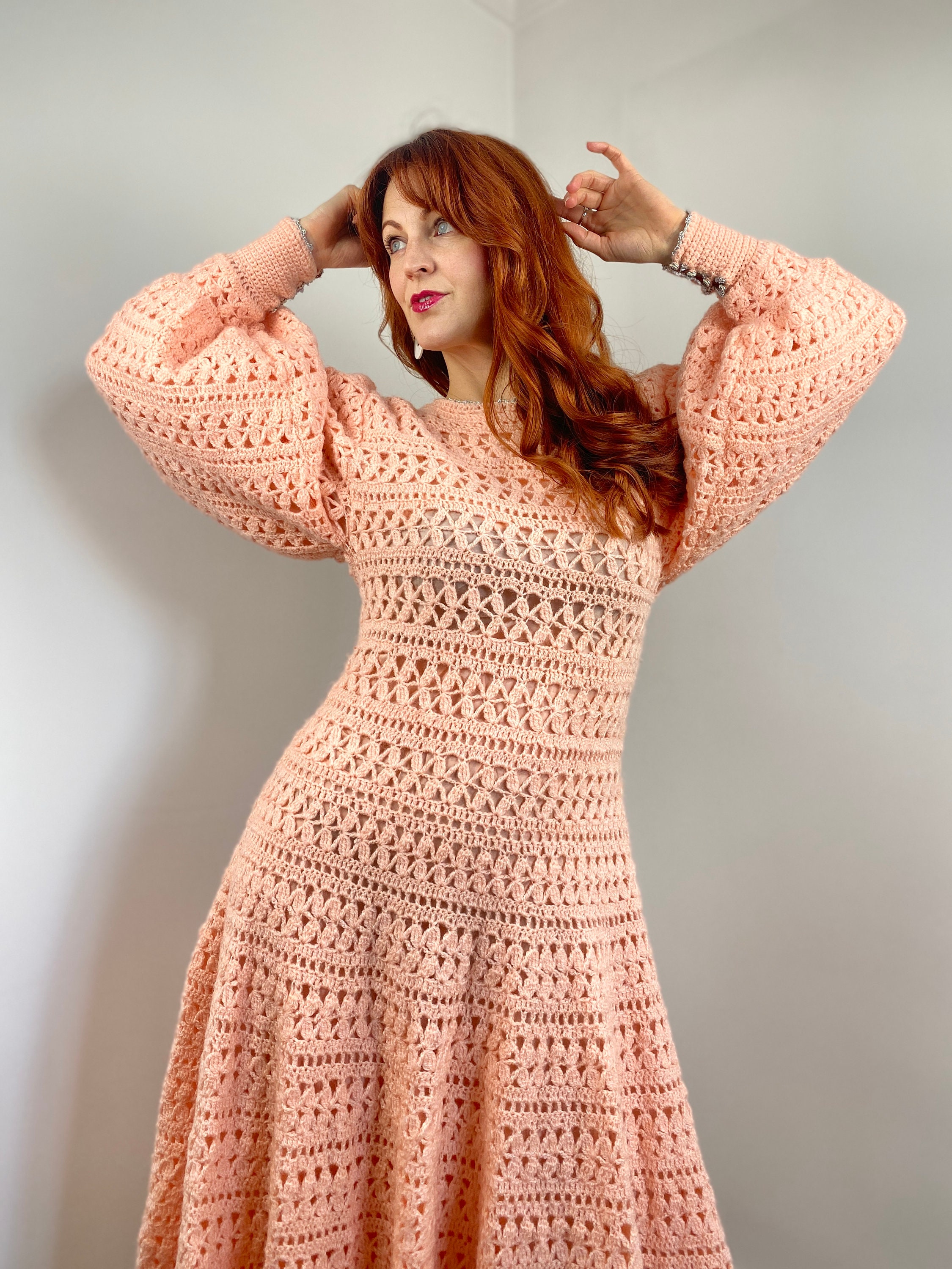 70s India Made Vintage Crochet Long Dres - 長袖・七分袖