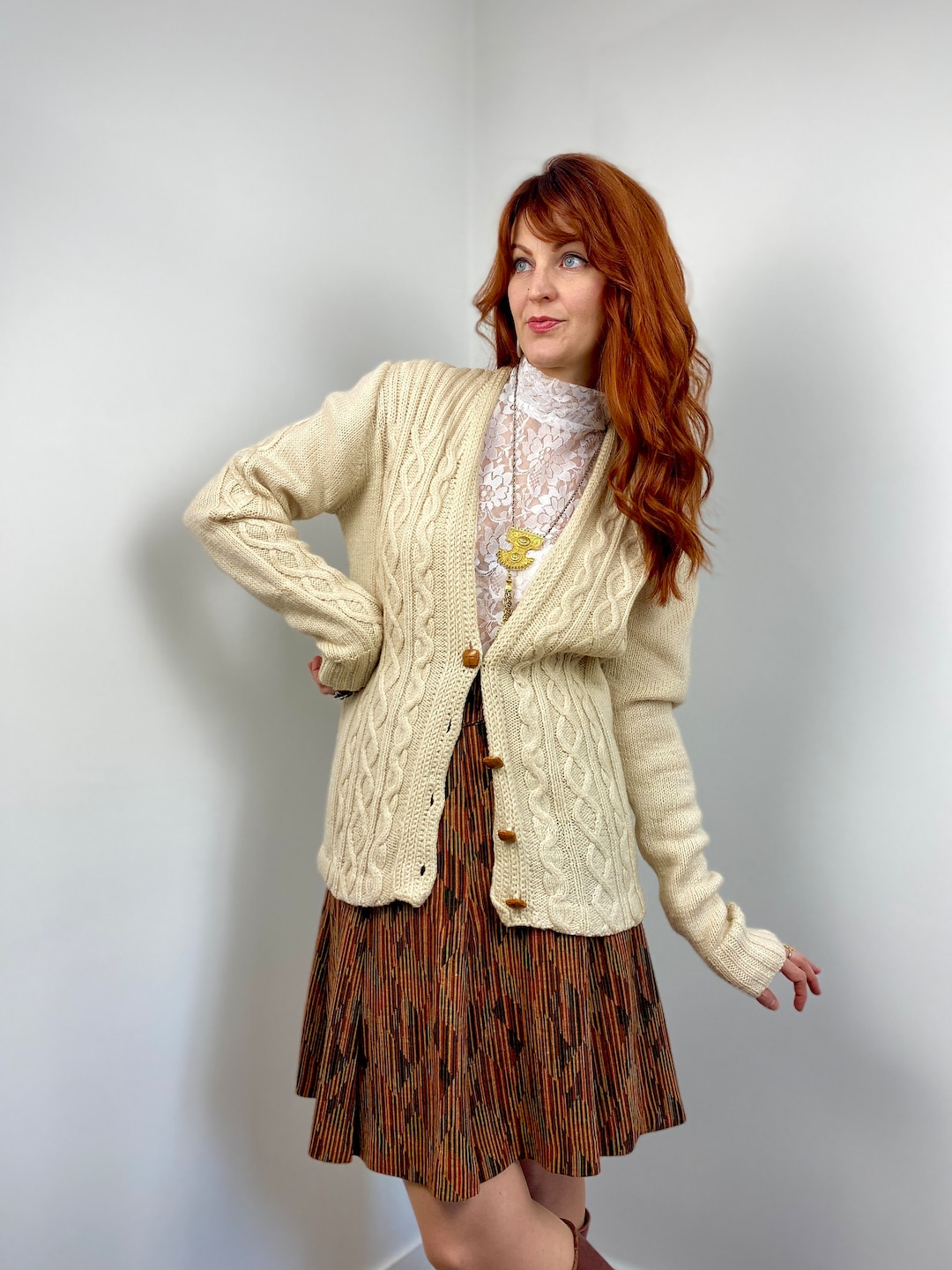 Vintage 70s Cable Knit Sweater Cardigan - Etsy