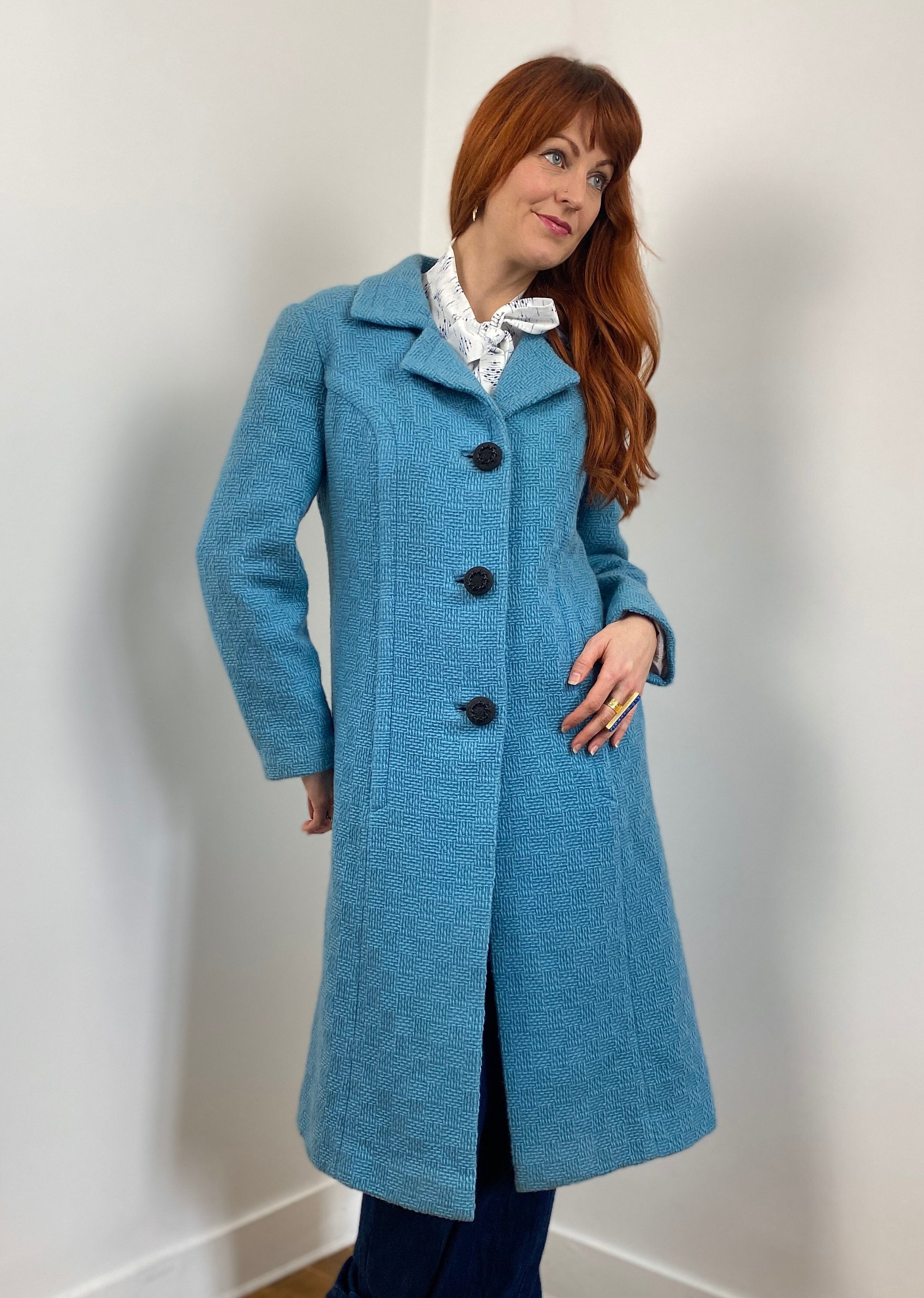 Vintage 60s Blue Wool Coat With Big Black Buttons - Etsy