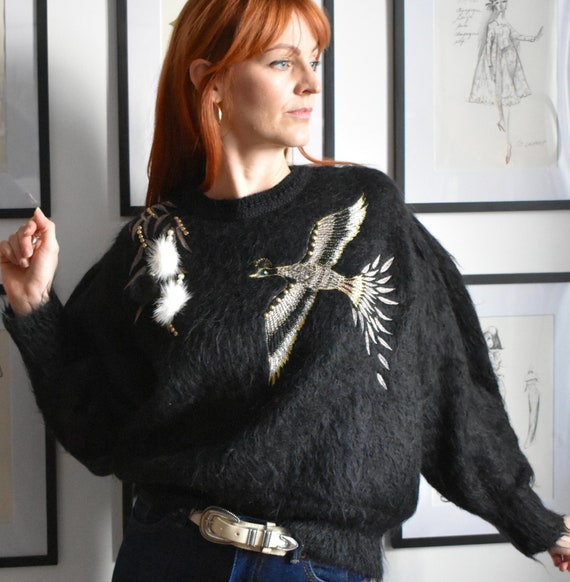 Vintage Black Mohair Novelty Bird Sweater