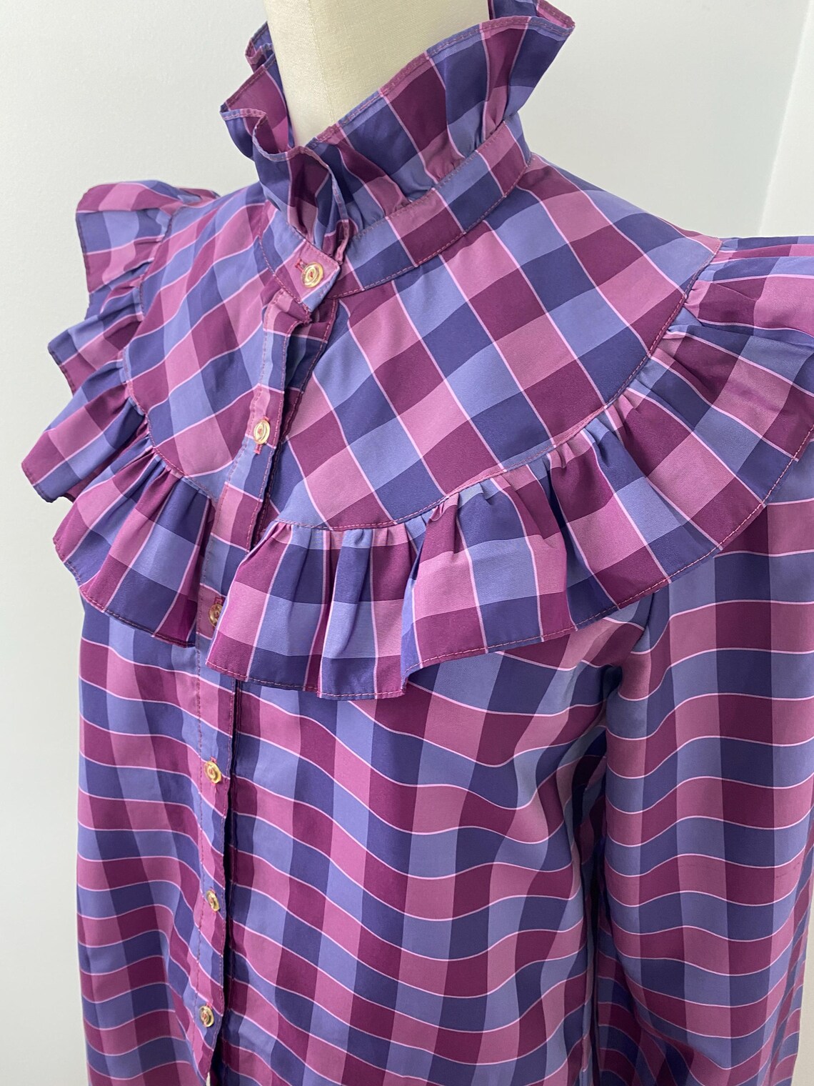 80s Ruffles Vintage 80s Ruffle & Check Plaid Blouse - Etsy
