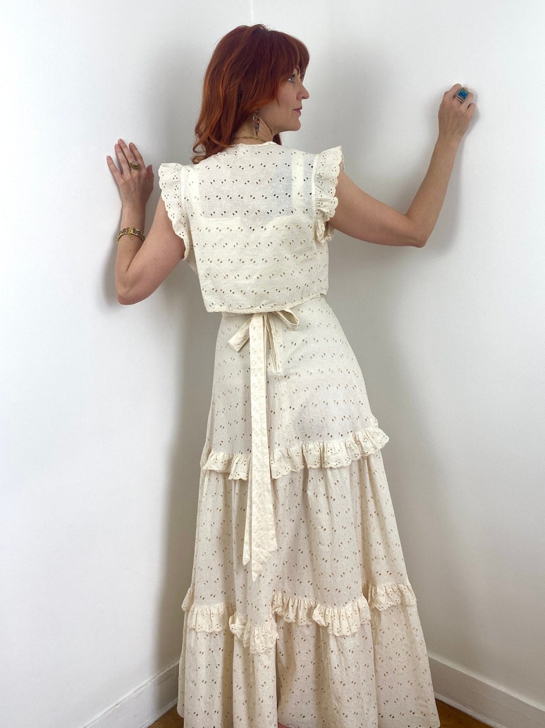 70's Lace Flower Dress Barrie London | Eyelet Lace Bell Sleeve Maxi main image 0